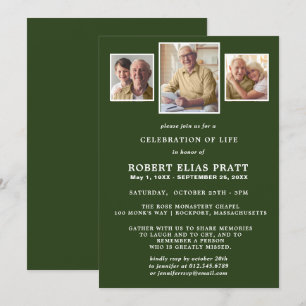 Celebration of Life Dark Green White 3 Photo Invitation
