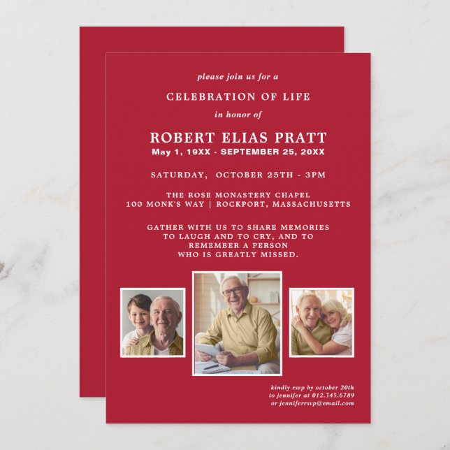 Celebration of Life Dark Red White 3 Photo Invitation (Front/Back)
