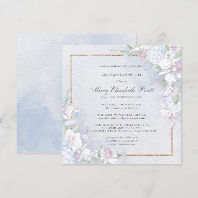 Celebration of Life Dusty Blue and White Floral Invitation (Front/Back)