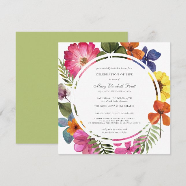 Celebration of Life Dusty Boho Summer Fall Floral Invitation (Front/Back)