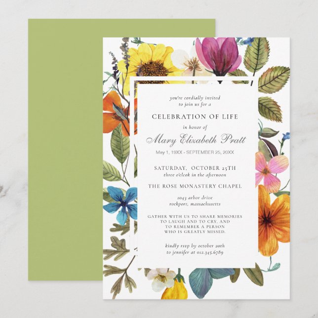 Celebration of Life Dusty Boho Summer Floral Invit Invitation (Front/Back)