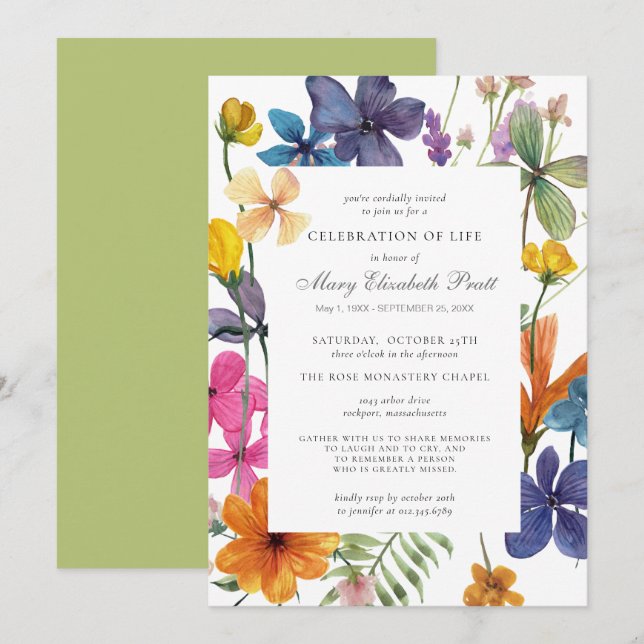 Celebration of Life Dusty Boho Summer Floral Invitation (Front/Back)