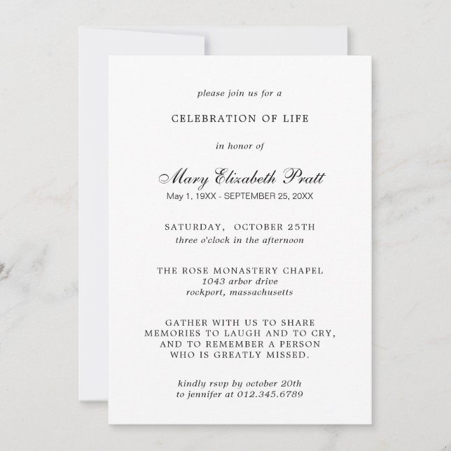 Celebration of Life Elegant Black White Funeral Invitation (Front)