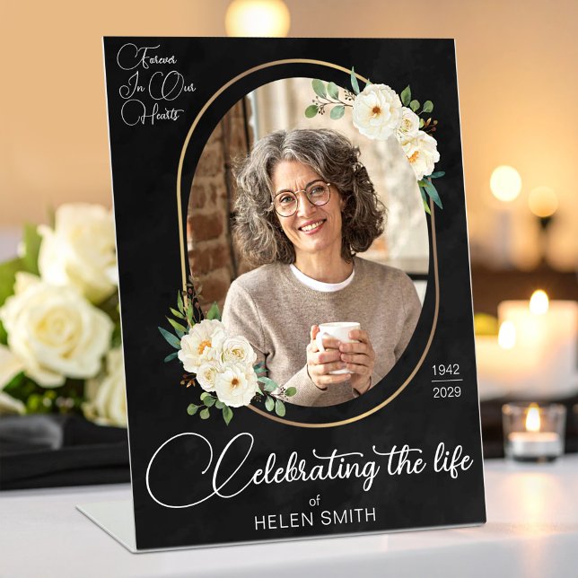 Celebration of Life - Elegant Floral Photo Black Pedestal Sign (Creator Uploaded)