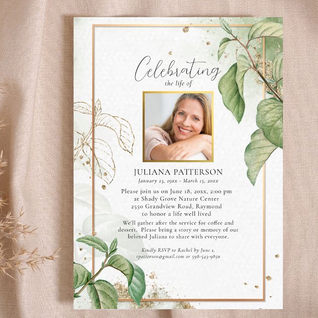 Celebration of Life Elegant Foliage Funeral Photos Invitation (Creator Uploaded)