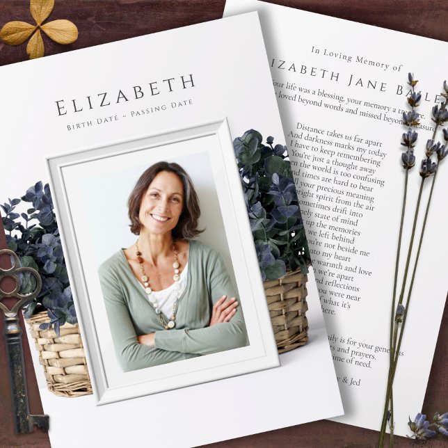 Celebration of Life Elegant Photo Funeral Card (Simple Elegant Celebration of Life, In loving Memory, Forever in Our Hearts, Memorial Remembrance )
