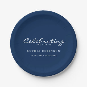 Celebration of Life Elegant Script Funeral Blue  Paper Plate