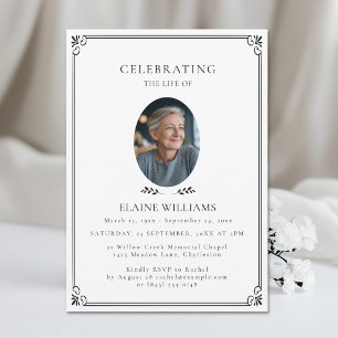 Celebration of Life Elegant White Funeral Photo Invitation