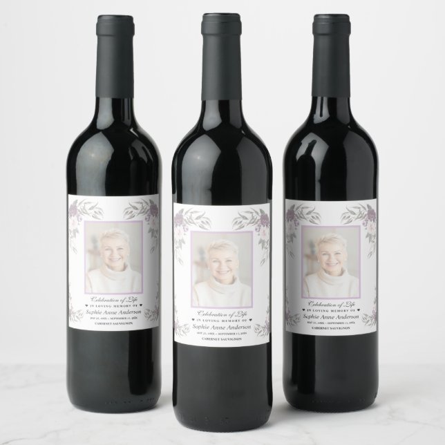 Celebration of Life Faded Floral Photo Memorial  Wine Label (Bottles)