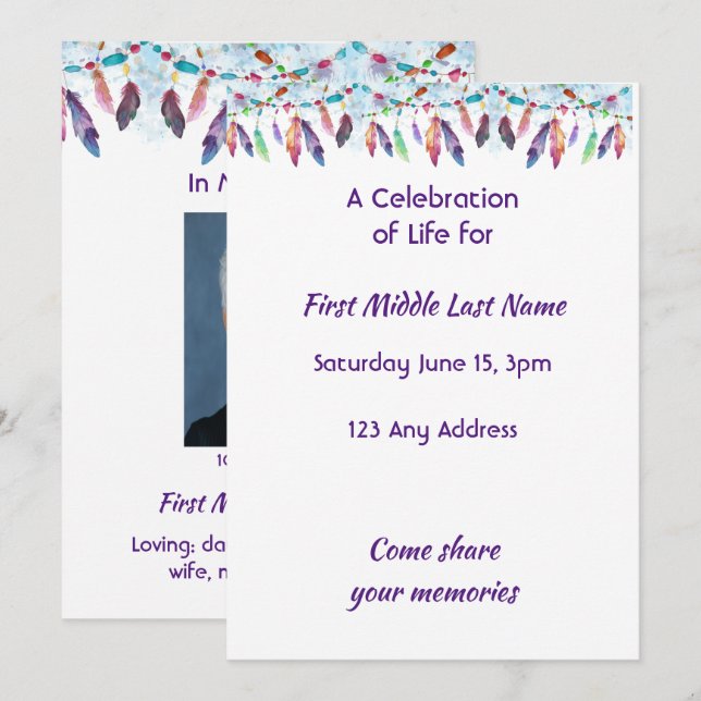 Celebration of Life Feathers Boho Tribal Native Invitation (Front/Back)