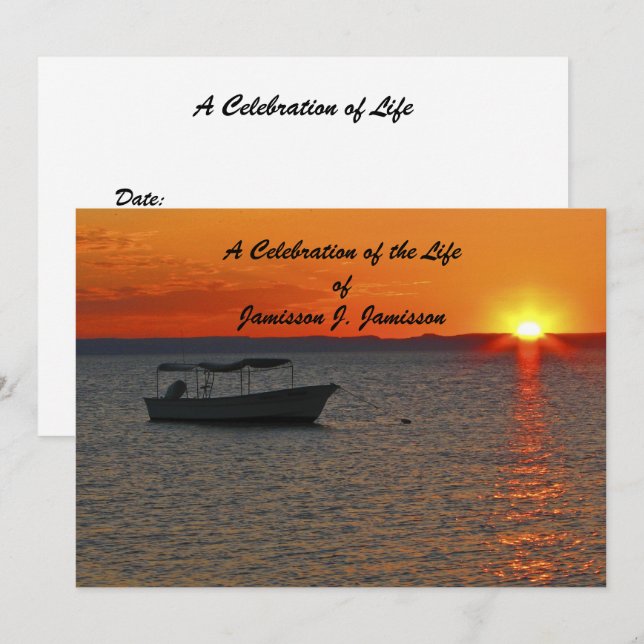 Celebration of Life Fishing Boat Sunset Memorial Invitation (Front/Back)