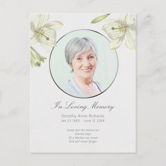 Celebration of Life Floral Lily Photo Invitation Postcard (Front)