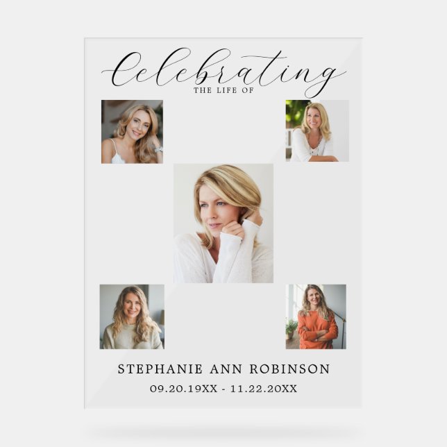 Celebration of Life Funeral 5 Photo Collage  Acrylic Sign (Front)