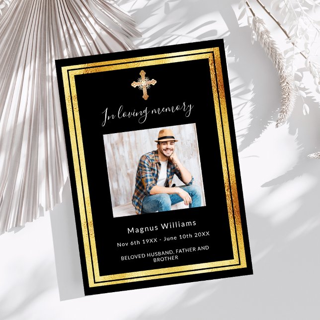 Celebration of life funeral black gold photo invitation (Creator Uploaded)