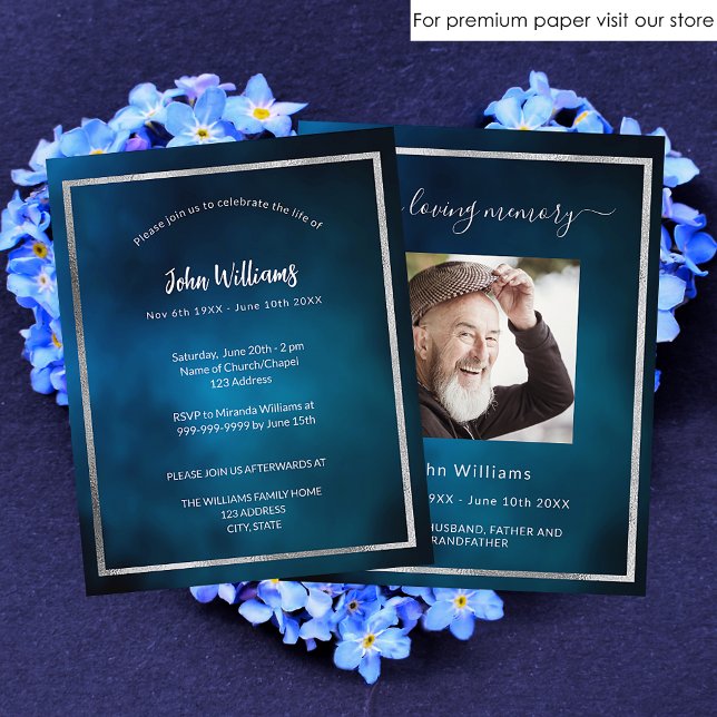 Celebration of life funeral blue photo invitation (Creator Uploaded)