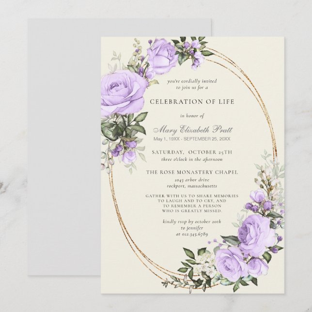 Celebration of Life Funeral Blush Purple Floral Invitation (Front/Back)