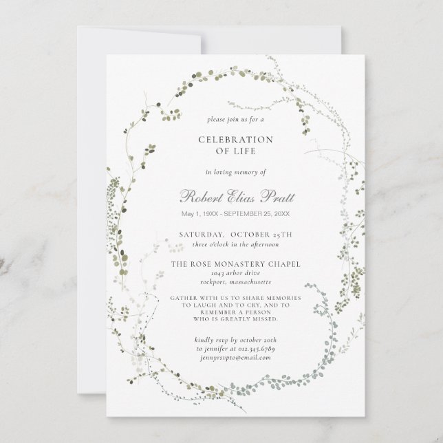 Celebration of Life Funeral Botanical Invitation (Front)