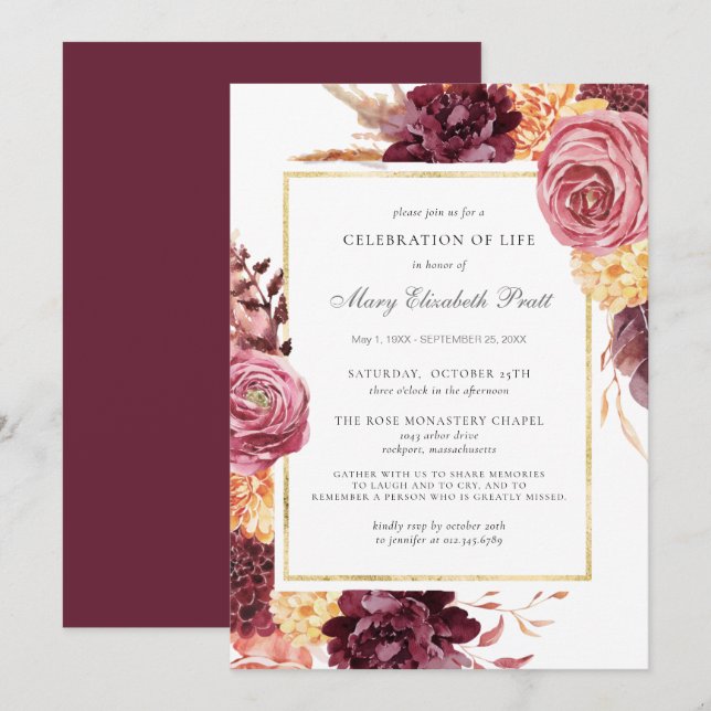 Celebration of Life Funeral Burgundy Pink Floral I Invitation (Front/Back)