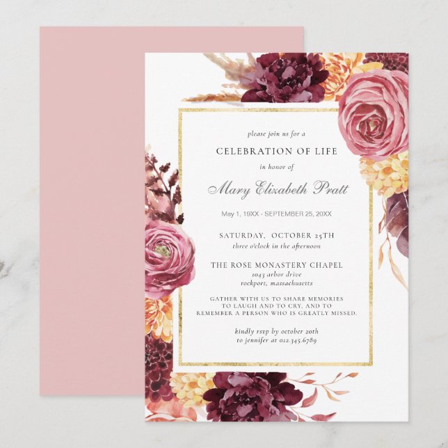 Celebration of Life Funeral Burgundy Pink Floral Invitation (Front/Back)