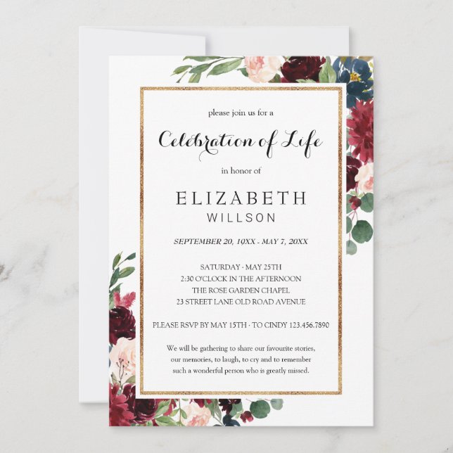 Celebration of Life Funeral Burguny Marsala Floral Invitation (Front)