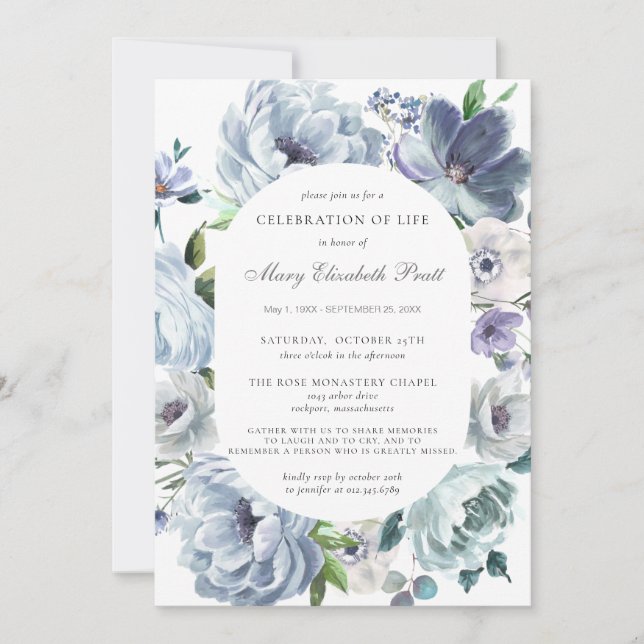 Celebration of Life Funeral Dusty Blue Floral Invitation (Front)