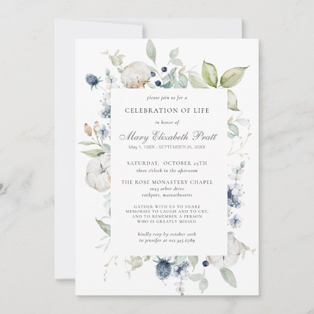 Celebration of Life Funeral Dusty Blue Floral Invitation (Front)