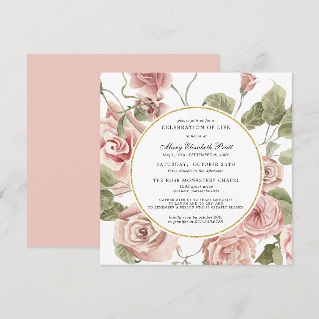 Celebration of Life Funeral Dusty Pink Rose Floral Invitation (Front/Back)