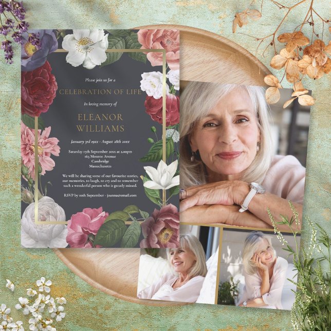 Celebration of Life Funeral Floral Photo Collage Invitation (Creator Uploaded)