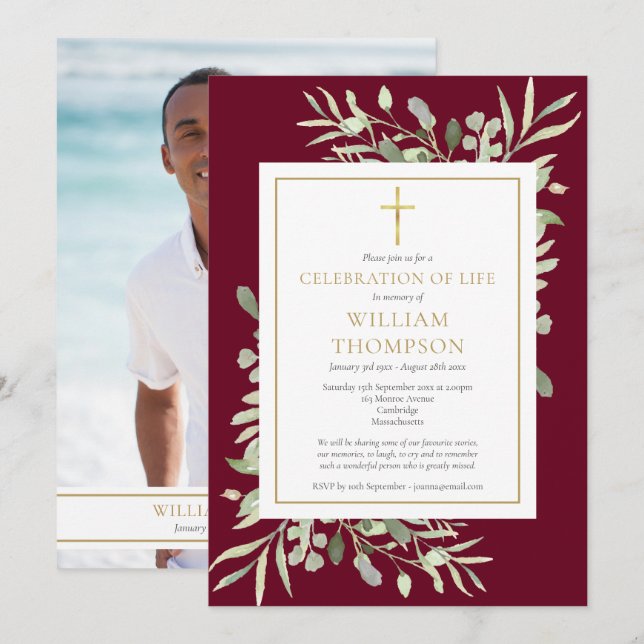 Celebration of Life Funeral Foliage Burgundy Photo Invitation (Front/Back)