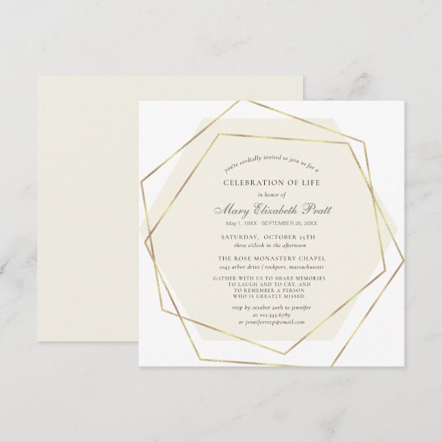 Celebration of Life Funeral Gold Geometric Frame Invitation (Front/Back)