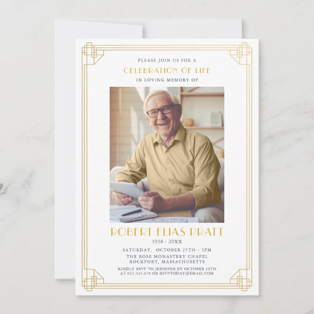 Celebration of Life Funeral Gold White Photo Invitation (Front)