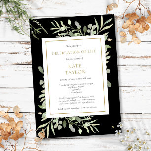 Celebration of Life Funeral Greenery Gold Black Invitation