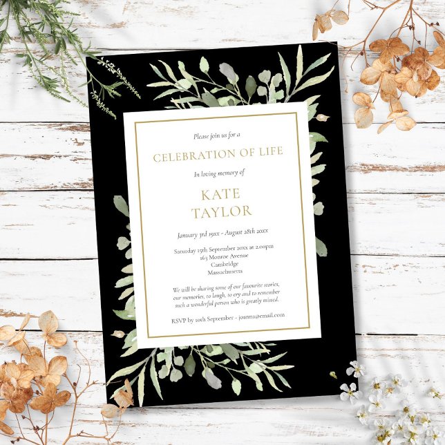 Celebration of Life Funeral Greenery Gold Black Invitation (Celebration of Life Funeral Greenery Gold Black Invitation)