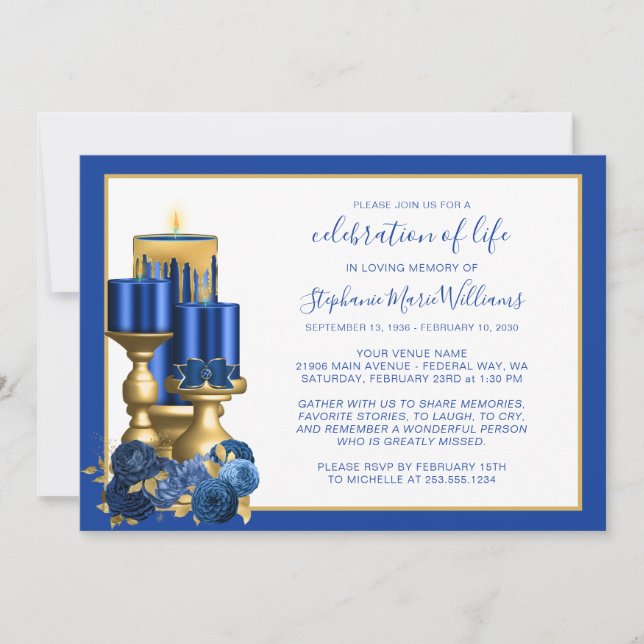 Celebration of Life Funeral Memorial Blue Candle Invitation (Front)