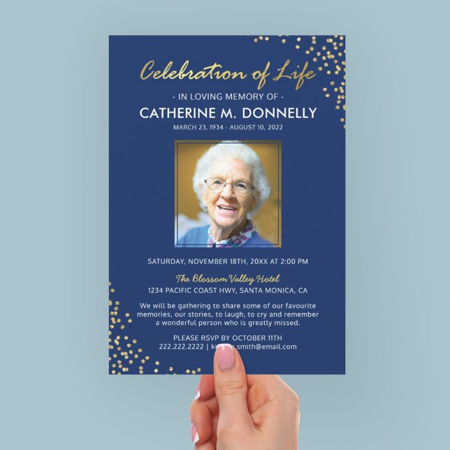 Celebration of Life | Funeral Memorial Blue Gold Invitation (Creator Uploaded)