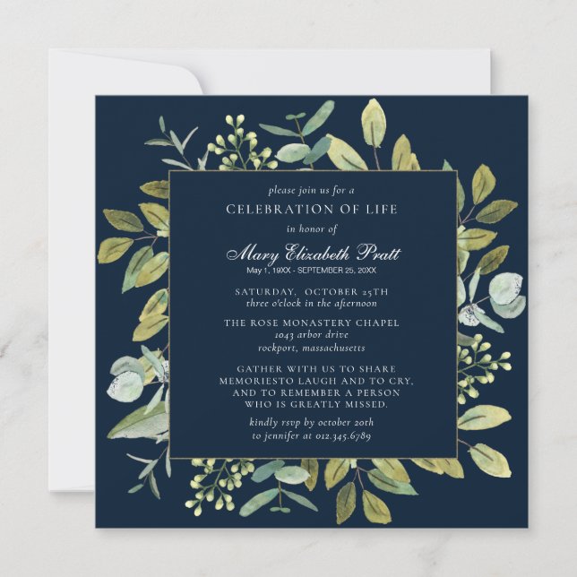 Celebration of Life Funeral Memorial Botanical  Invitation (Front)