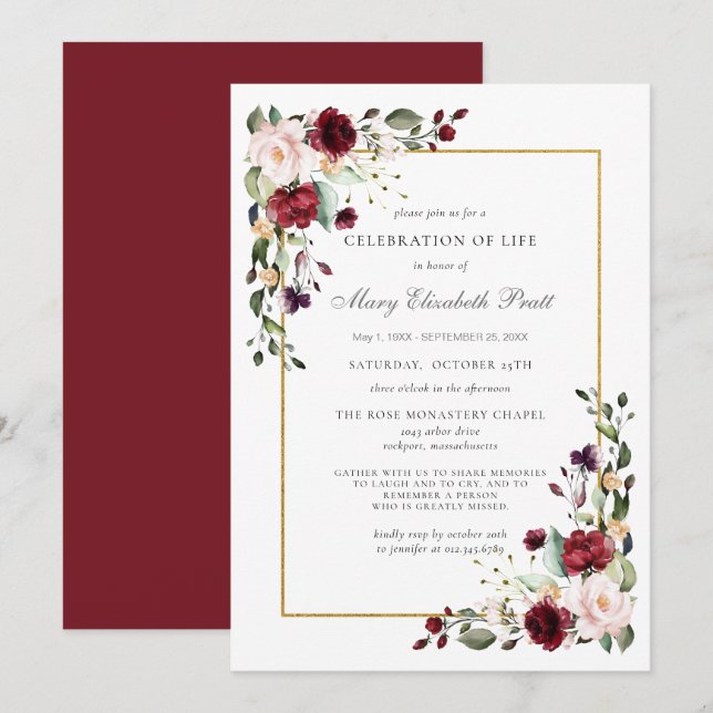 Celebration of Life Funeral Memorial Burgundy Rose Invitation (Front/Back)