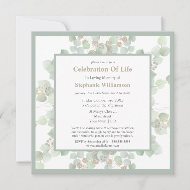 Celebration of Life Funeral Memorial Eucalyptus Invitation (Front)