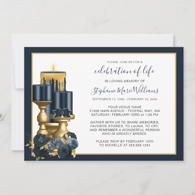 Celebration of Life Funeral Memorial Navy Candle Invitation (Front)