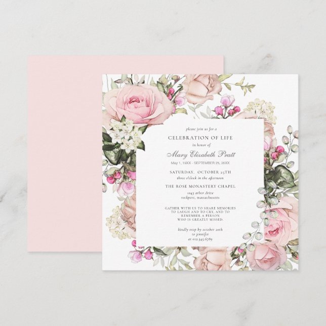 Celebration of Life Funeral Memorial Pink Floral I Invitation (Front/Back)