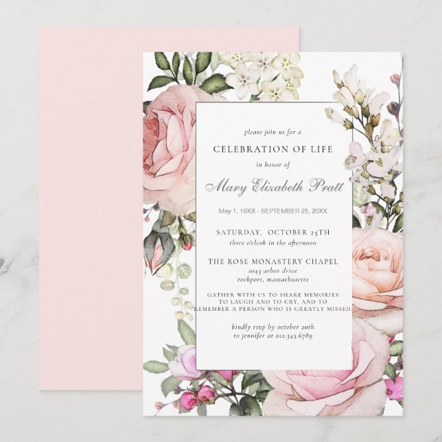 Celebration of Life Funeral Memorial Pink Floral I Invitation (Front/Back)