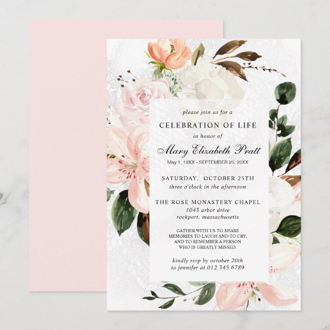 Celebration of Life Funeral Memorial Pink Floral I Invitation (Front/Back)