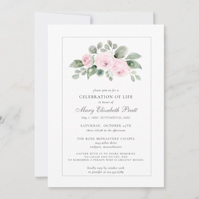 Celebration of Life Funeral Memorial Pink Floral Invitation (Front)