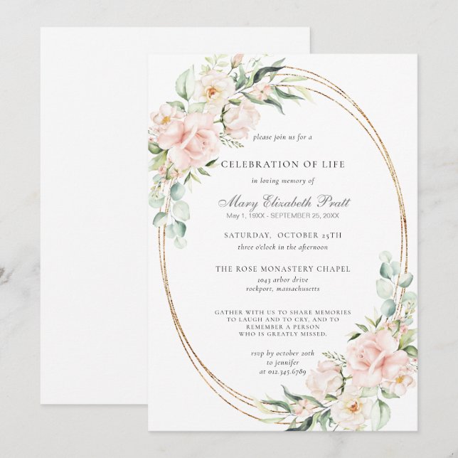Celebration of Life Funeral Memorial Pink Floral Invitation (Front/Back)