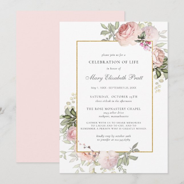 Celebration of Life Funeral Memorial Pink Floral Invitation (Front/Back)