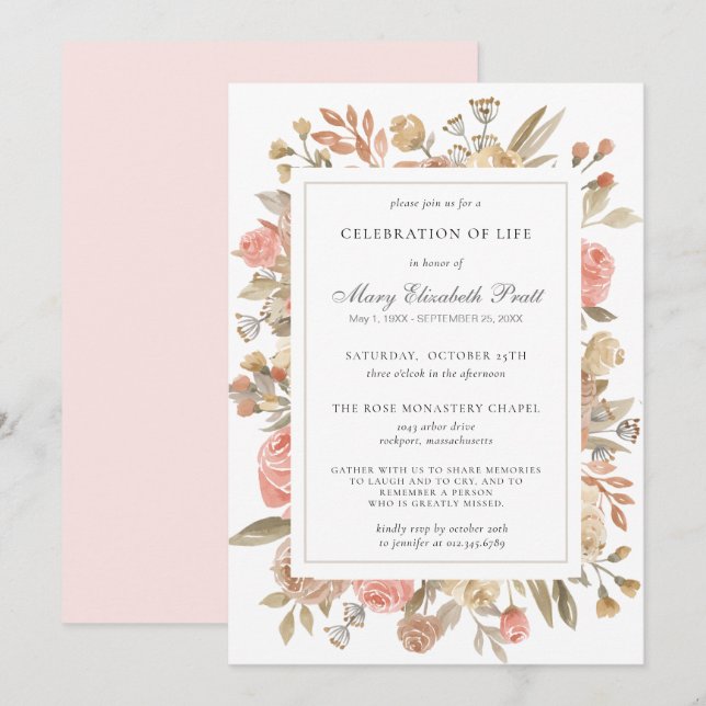 Celebration of Life Funeral Memorial Pink Floral Invitation (Front/Back)