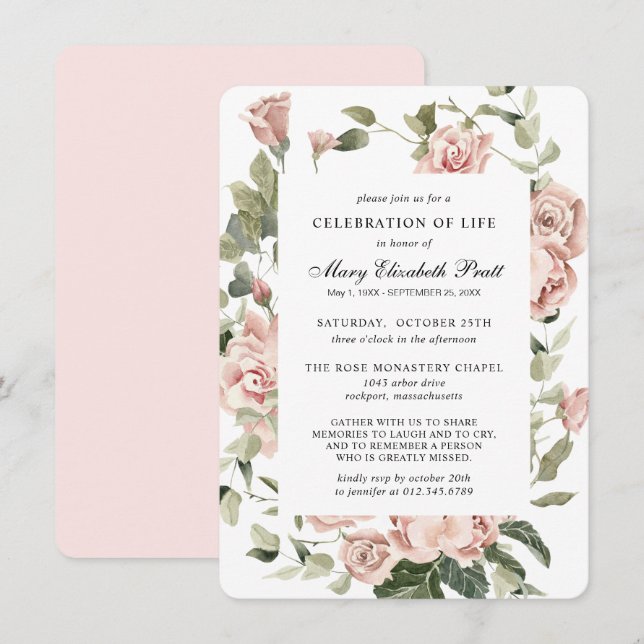 Celebration of Life Funeral Memorial Pink Floral Invitation (Front/Back)