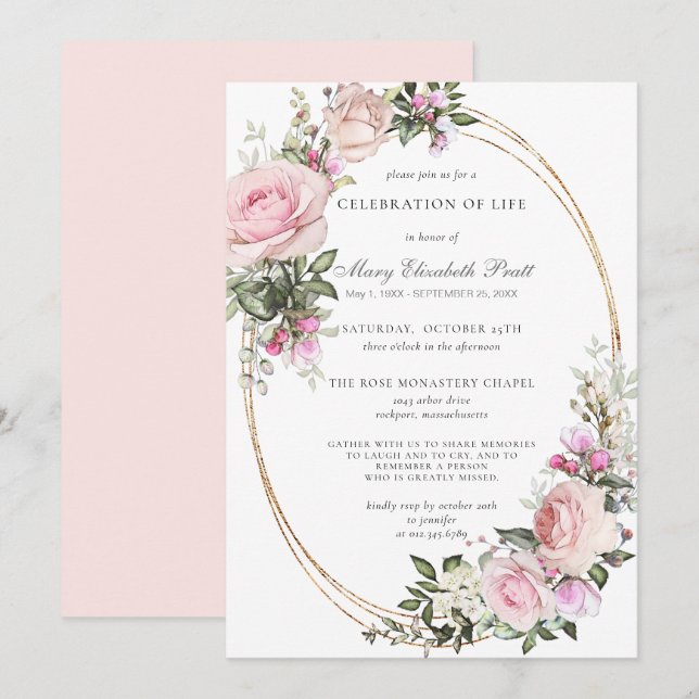 Celebration of Life Funeral Memorial Pink Floral Invitation (Front/Back)