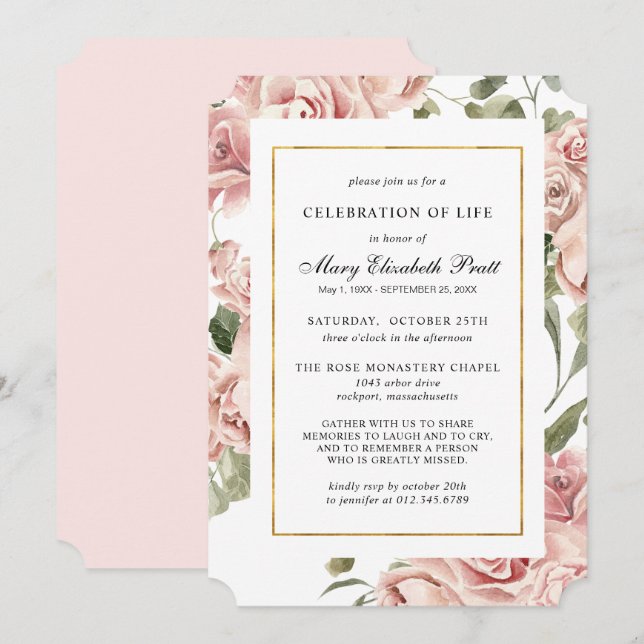 Celebration of Life Funeral Memorial Pink Floral Invitation (Front/Back)