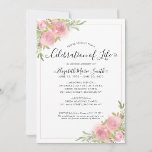 Celebration of Life Funeral Memorial Pink Floral Invitation